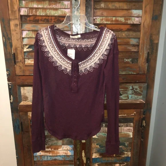 NWT Free People Fairisle Thermal Wine Shirt Boho Embroidered Waffle Knit - Picture 2 of 3